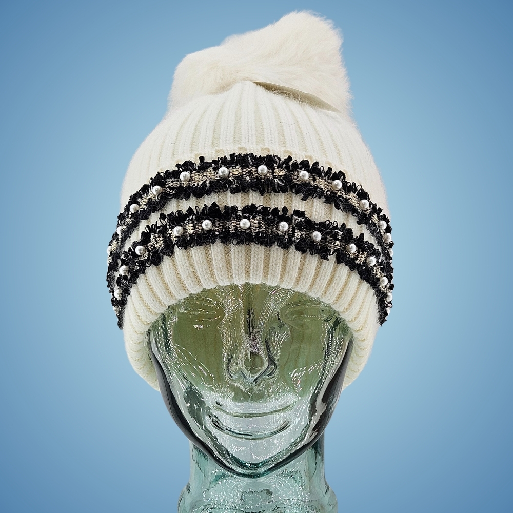 Glamourpuss NYC Hat Beanie Wool Blend Embellished Beaded Faux Fur Pom Holiday